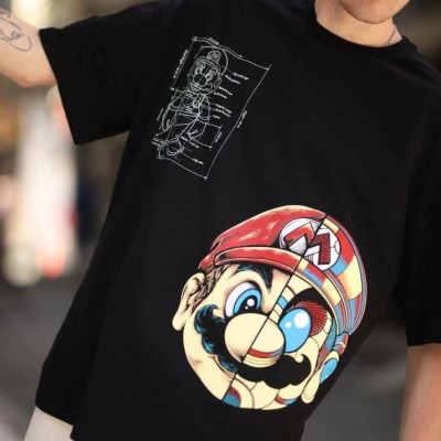 Erkek Mario Baskılı T-Shirt Oversize Kısa kol Bisiklet yaka tişort - Siyah